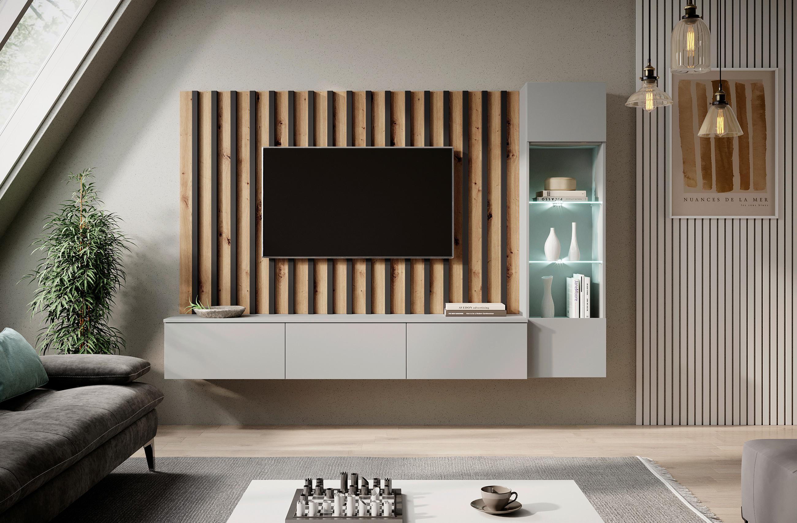 Wohnwand Lamel - Schwarz/Weiß, Design, Glas/Holzwerkstoff (220/148/35cm) - MID.YOU