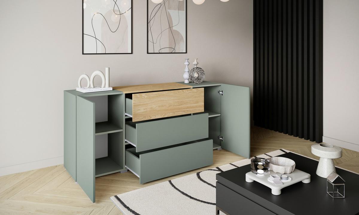 Sideboard 150cm Berlin 150 Salbeigrün/Eichefarben - Eichefarben/Salbeigrün, Design, Holzwerkstoff (150/68/38,5cm) - P & B