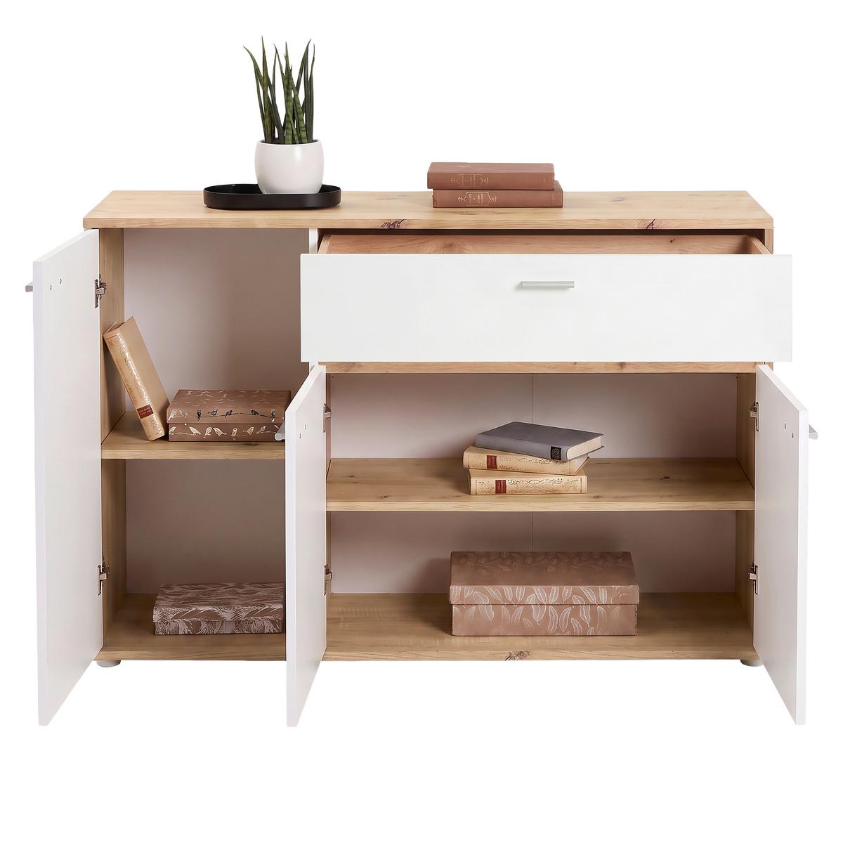Kommode Carmen Weiß/Eichefarben B: 120,1cm - Eichefarben/Silberfarben, Trend, Holzwerkstoff (120,1/80/35cm) - Based