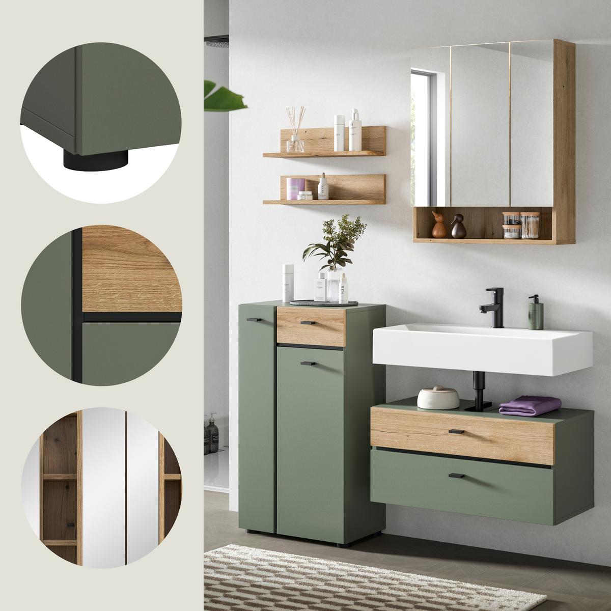 Badezimmer Aqua Grün/Eichefarben B: 126cm - Eichefarben/Schwarz, Trend, Glas/Holzwerkstoff (126cm) - MID.YOU