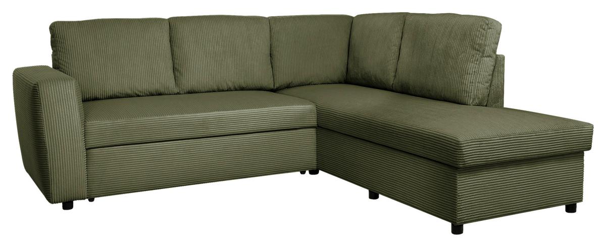 Ecksofa mit Schlaffunktion Toulouse Cord kaki, 224x206cm - Khaki/Schwarz, Trend, Holz/Holzwerkstoff (224/206cm)
