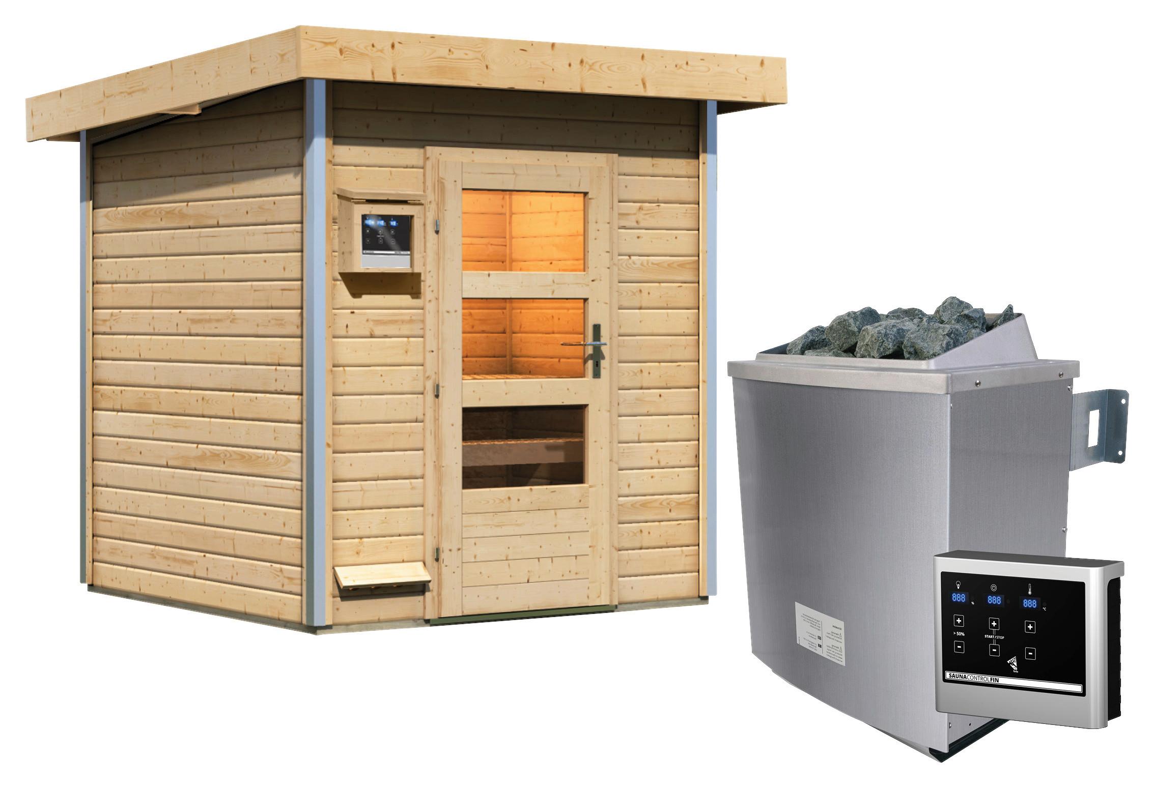 Sauna Dijon Mit Ext. Steuerung 9-Kw-Ofen Inkl. Diabassteine - Naturfarben, MODERN, Holz (196/228/196cm) - Karibu