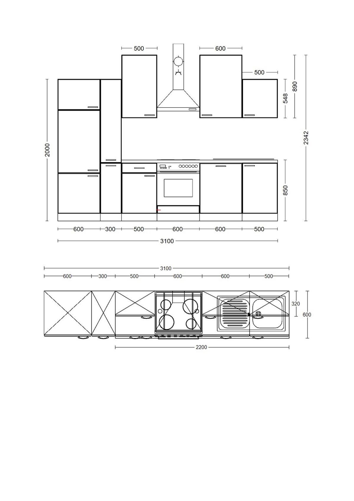 Küchenzeile Nano mit Geräten 310 cm Buche/Creme Dekor - Beige/Buchefarben, MODERN, Holzwerkstoff (310cm) - FlexWell