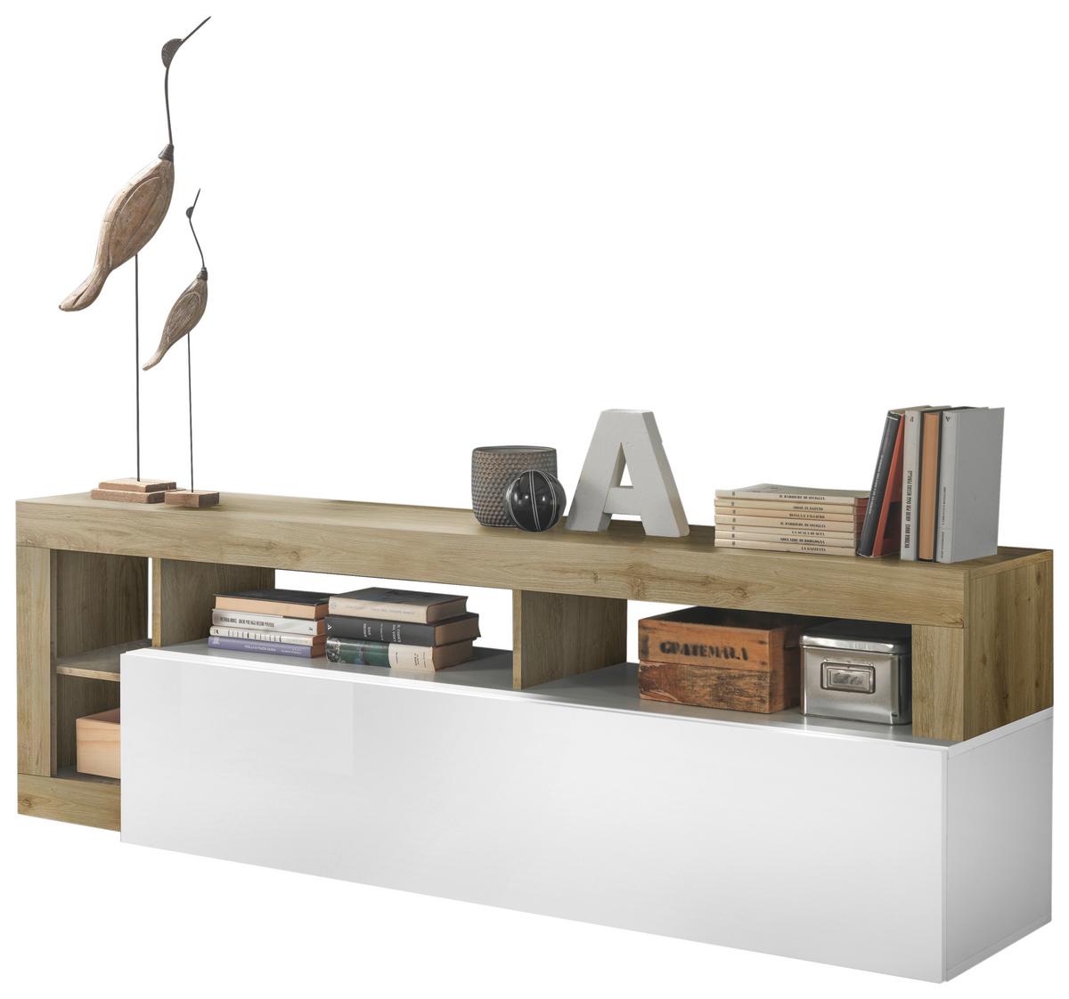 Tv-element Hamburg Eiche Dekor, Weiß Hg B: 184cm - Eichefarben/Weiß Hochglanz, MODERN, Holzwerkstoff (184/58/42cm)