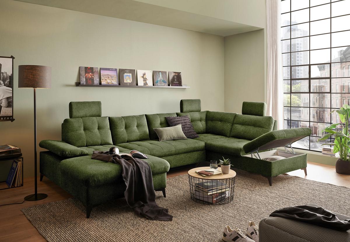 Wohnlandschaft Durban Mit Bettfunktion Olivgrün - Schwarz/Olivgrün, KONVENTIONELL, Textil (170/324/218cm) - MID.YOU