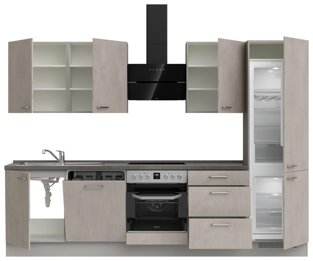 Kuchynská linka 300 cm, šedý betón/ kamenná šedá - sivá/farba ušľachtilej ocele, Modern, kov/kompozitné drevo (300cm) - Nobilia