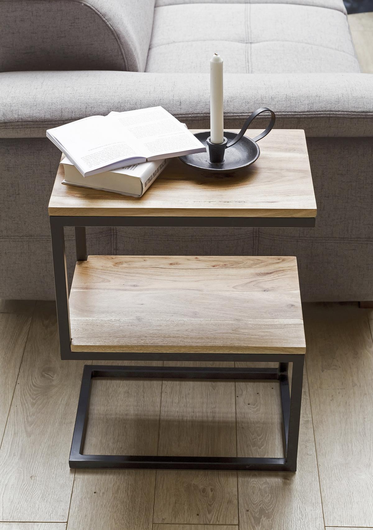 Beistelltisch S-Form Akola, Akazie Massiv/Schwarz - Schwarz/Akaziefarben, Design, Holz/Metall (45/30/60cm) - MID.YOU