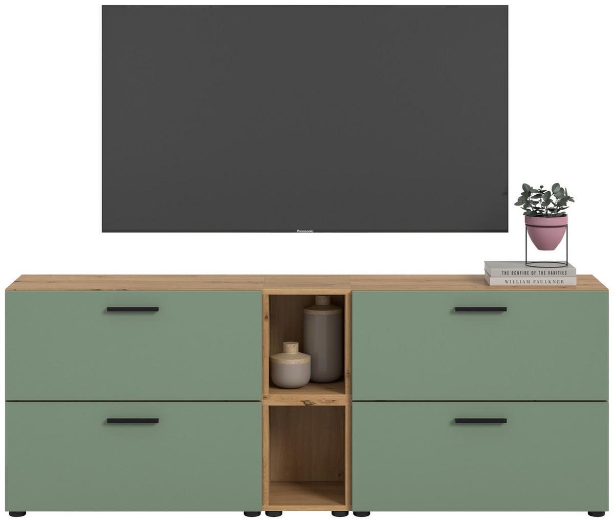 Wohnwand, The ONE 6, B: 176 cm Olivgrün/Artisan Eiche Dekor - Schwarz/Weiß, Trend, Holzwerkstoff (176/67/34cm)
