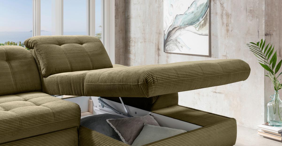 Eckschlafsofa Delphino Goldfarben S: 273x189 cm - Schwarz/Olivgrün, MODERN, Textil (273/189cm) - Livetastic