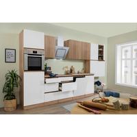 Küchenzeile Premium mit Geräten 380 cm Weiß/Eiche Dekor - Eichefarben/Weiß Hochglanz, Basics, Holzwerkstoff (380cm) - Respekta