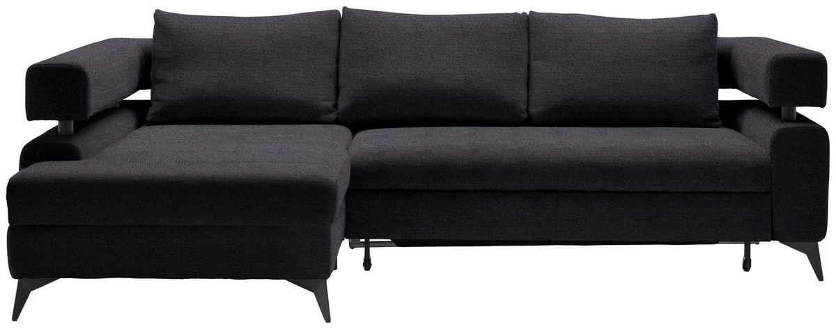 Rohová sedačka ROSALIE, levá s úložným prostorem a lůžkem - černá, Konvenční, kov/textil (184/265cm)