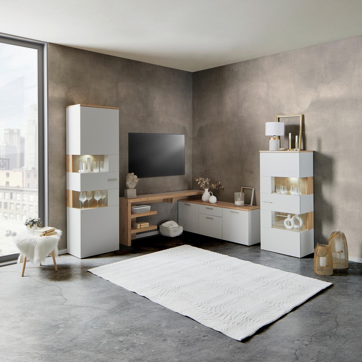 Vitrine Twin B: 60,1 cm Hellgrau/Eiche Artisan Dekor - Silberfarben/Hellgrau, MODERN, Holzwerkstoff (60,1/138,4/37,2cm)