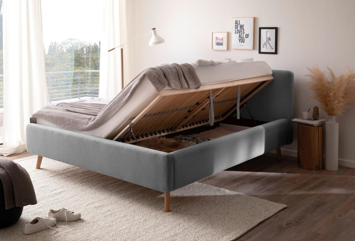 Polsterbett Mattis 180x200cm Hellgrau, inkl. Bettkasten - Eichefarben/Hellgrau, Design, Holz/Textil (180/200cm) - Livetastic