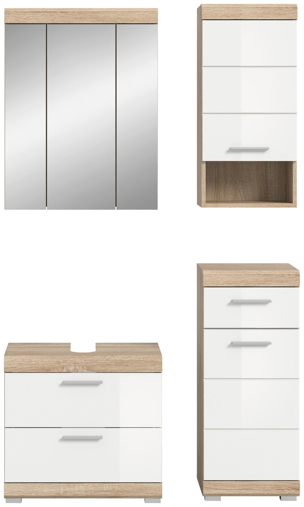 Badezimmer Lambada Eiche Dekor/Weiß B: 97 cm - Weiß Hochglanz/Silberfarben, MODERN, Glas/Holzwerkstoff (97cm) - MID.YOU