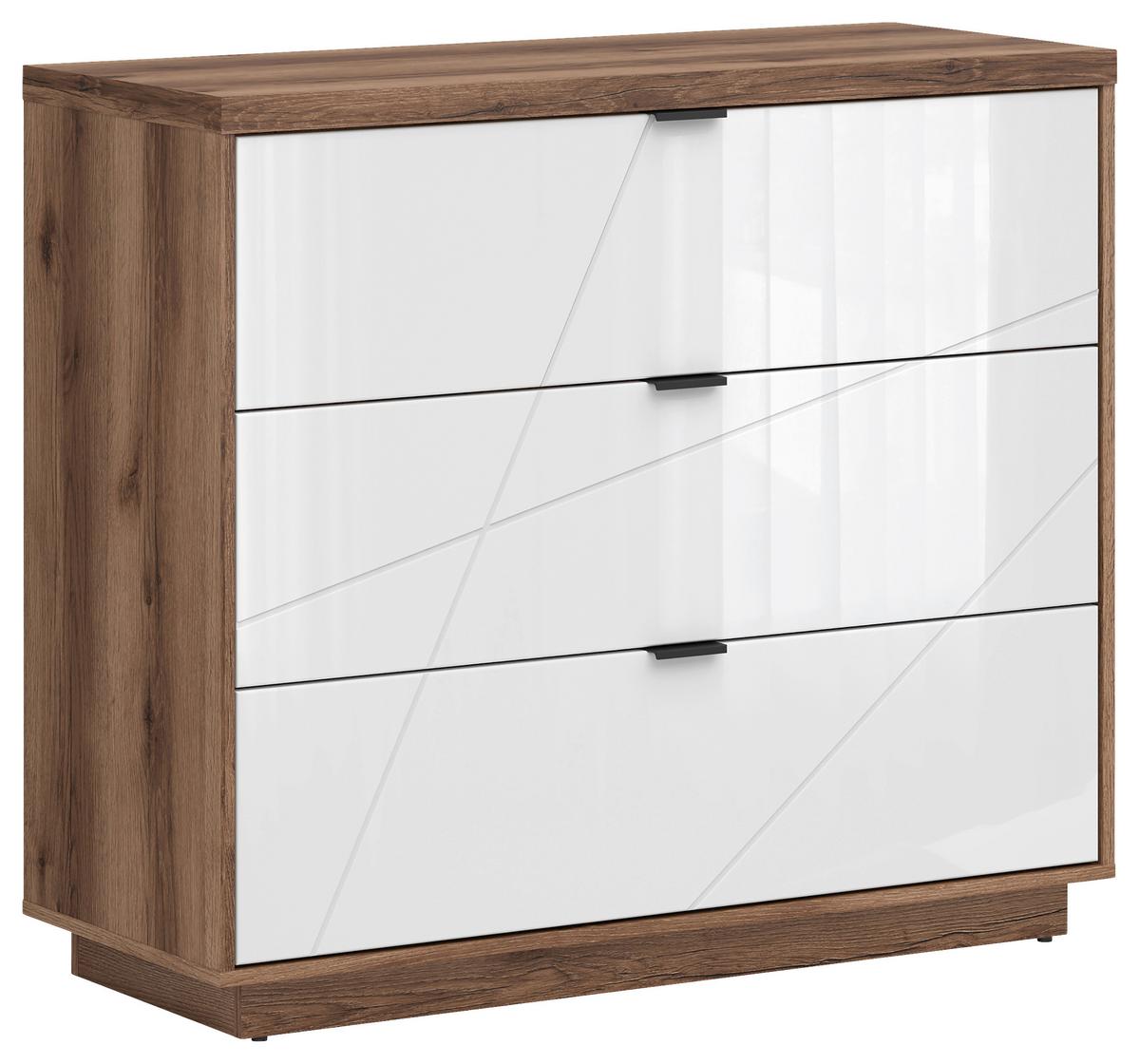 Kommode 106 cm Forn Chest Of Drawers, Eiche Dekor - Eichefarben/Weiß Hochglanz, Design, Holzwerkstoff (106/93/42,5cm)