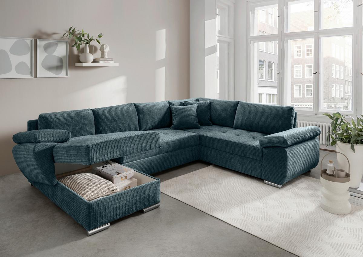 Wohnlandschaft Terana Blau mit Schlaffunktion, Mikrofaser - Chromfarben/Blau, KONVENTIONELL, Textil (157/305/219cm) - Livetastic