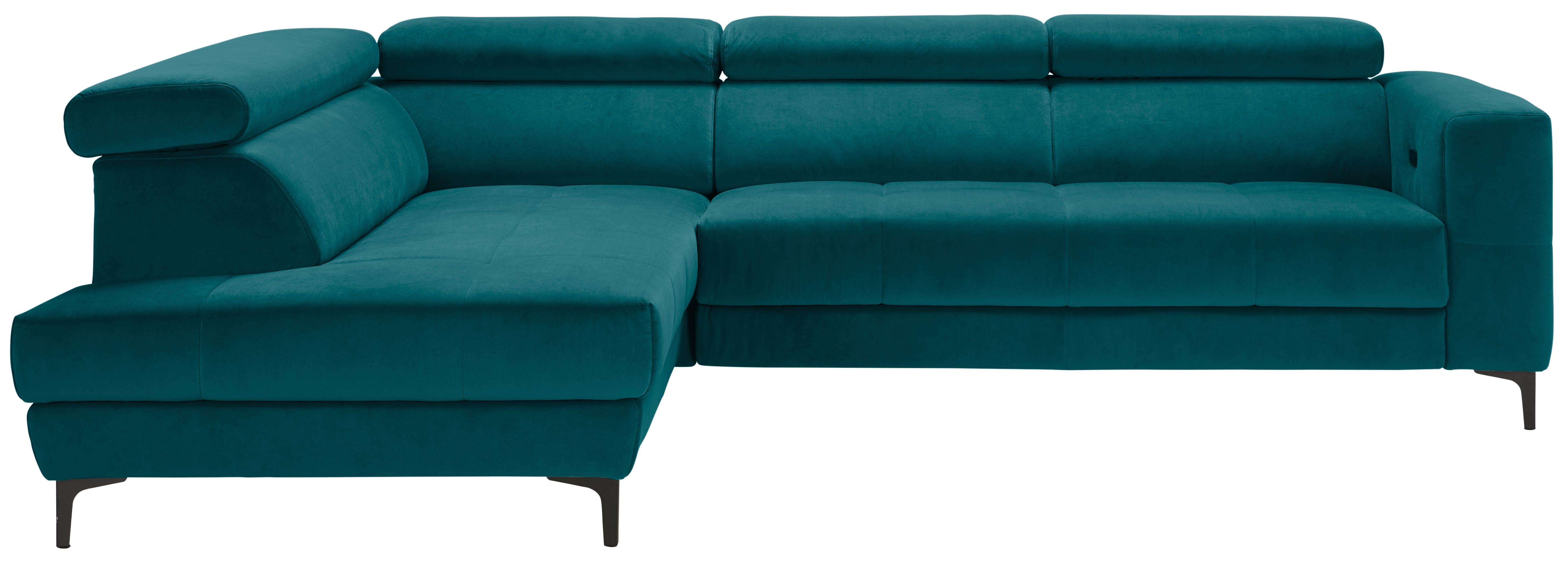 Rohová sedačka EMMA, ľavá, petrolej.,op.hl.,USB,el.výsuv - čierna/petrolejová, Modern, textil (210/301cm) - Premium Living