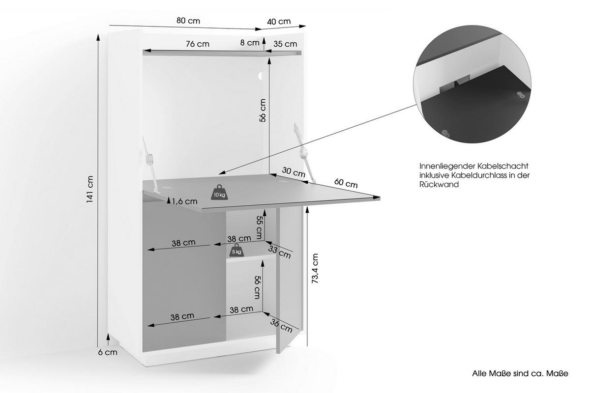 Sekretär Hannes B: 80 cm inkl. Stauraum, Schwarz, Weiß - Schwarz/Weiß, Design, Holzwerkstoff (80/141/40cm) - MID.YOU