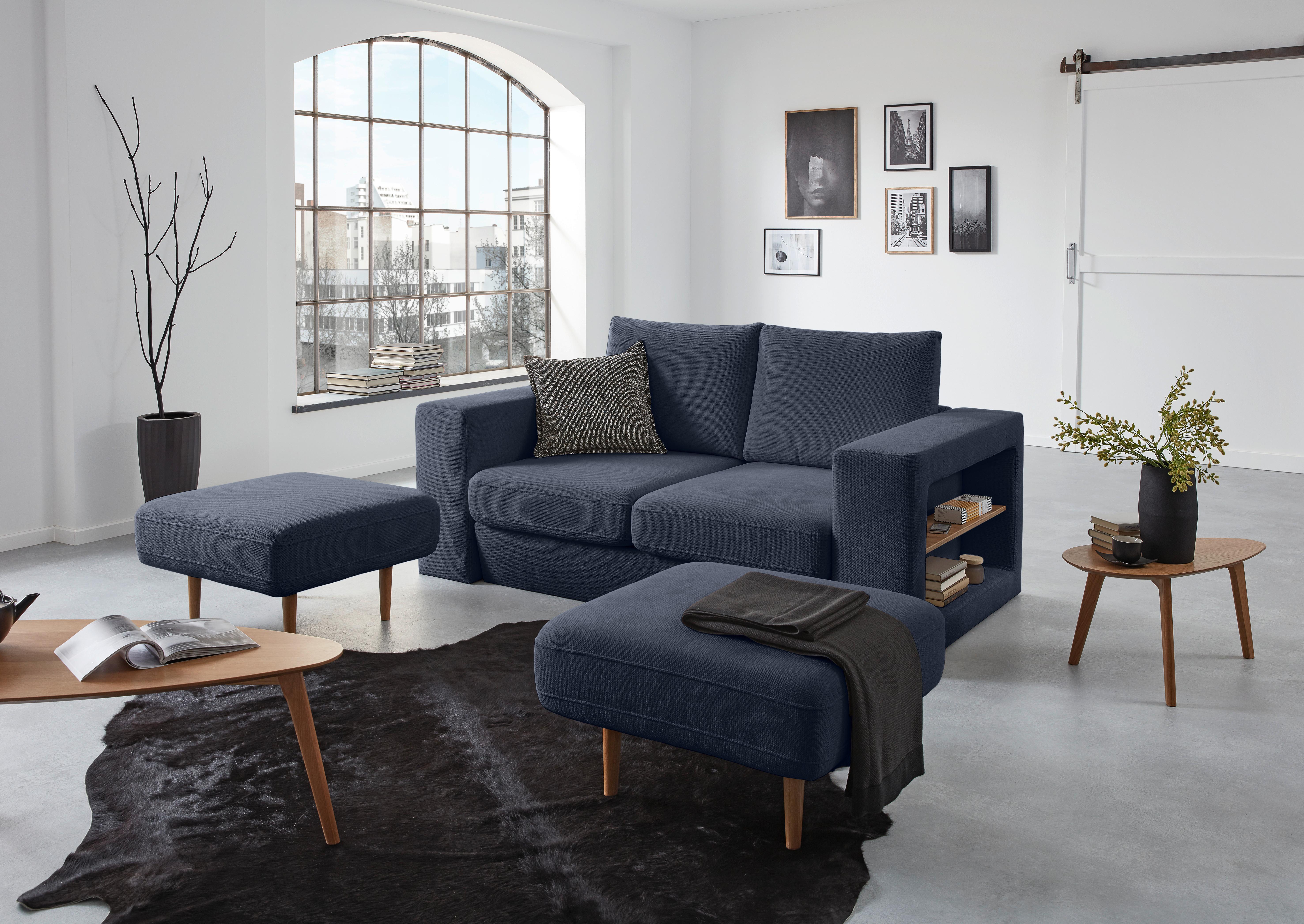 2-sitzer-sofa Looks V-2 Mit Hockern Dunkelblau - Eichefarben/Dunkelblau, Design, Textil (172/96/107cm) - LOOKS by W.Joop