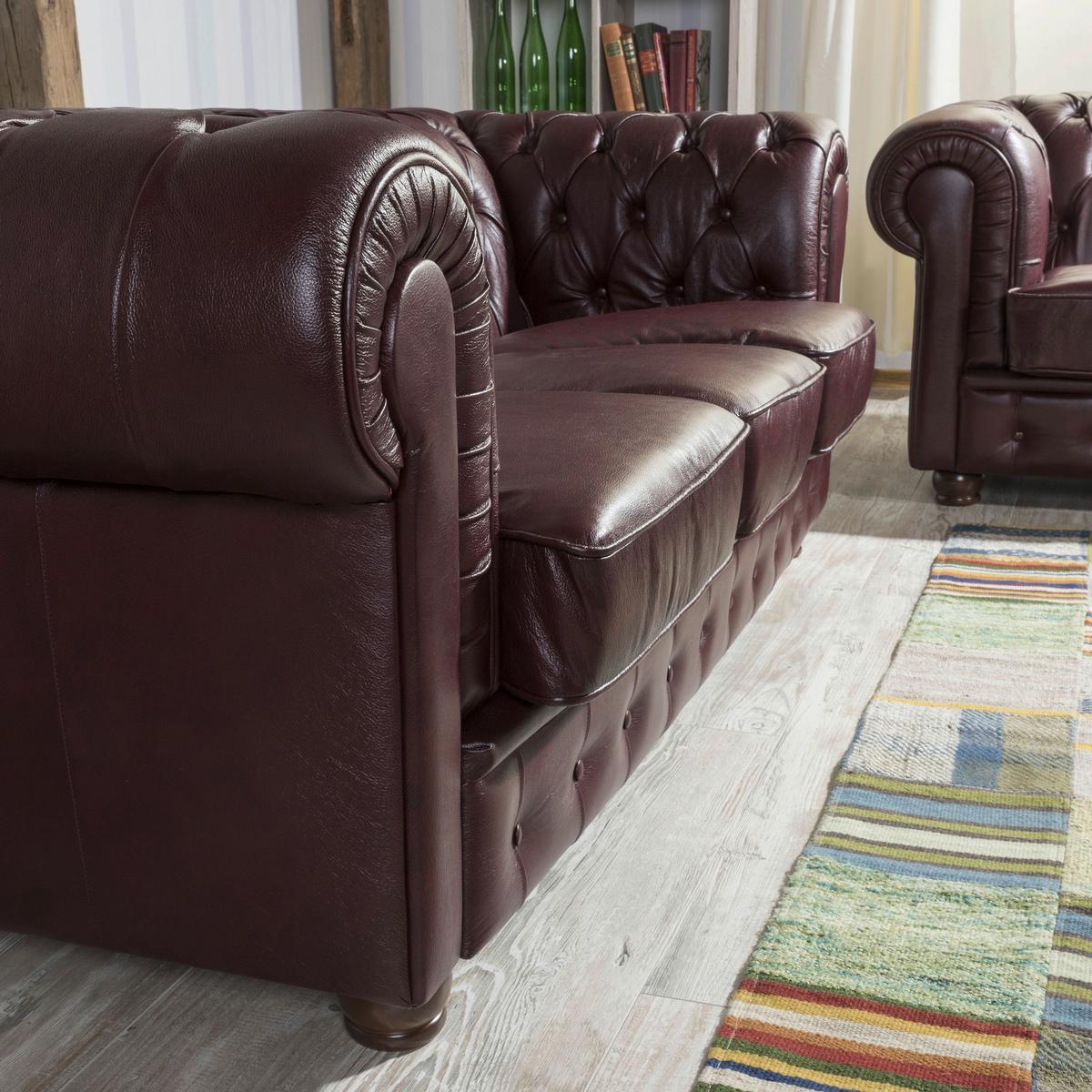 Sitzgarnitur 3-Tlg. Bridgeport Echtleder Rot - Rot/Nussbaumfarben, Design, Leder/Holz - Max Winzer