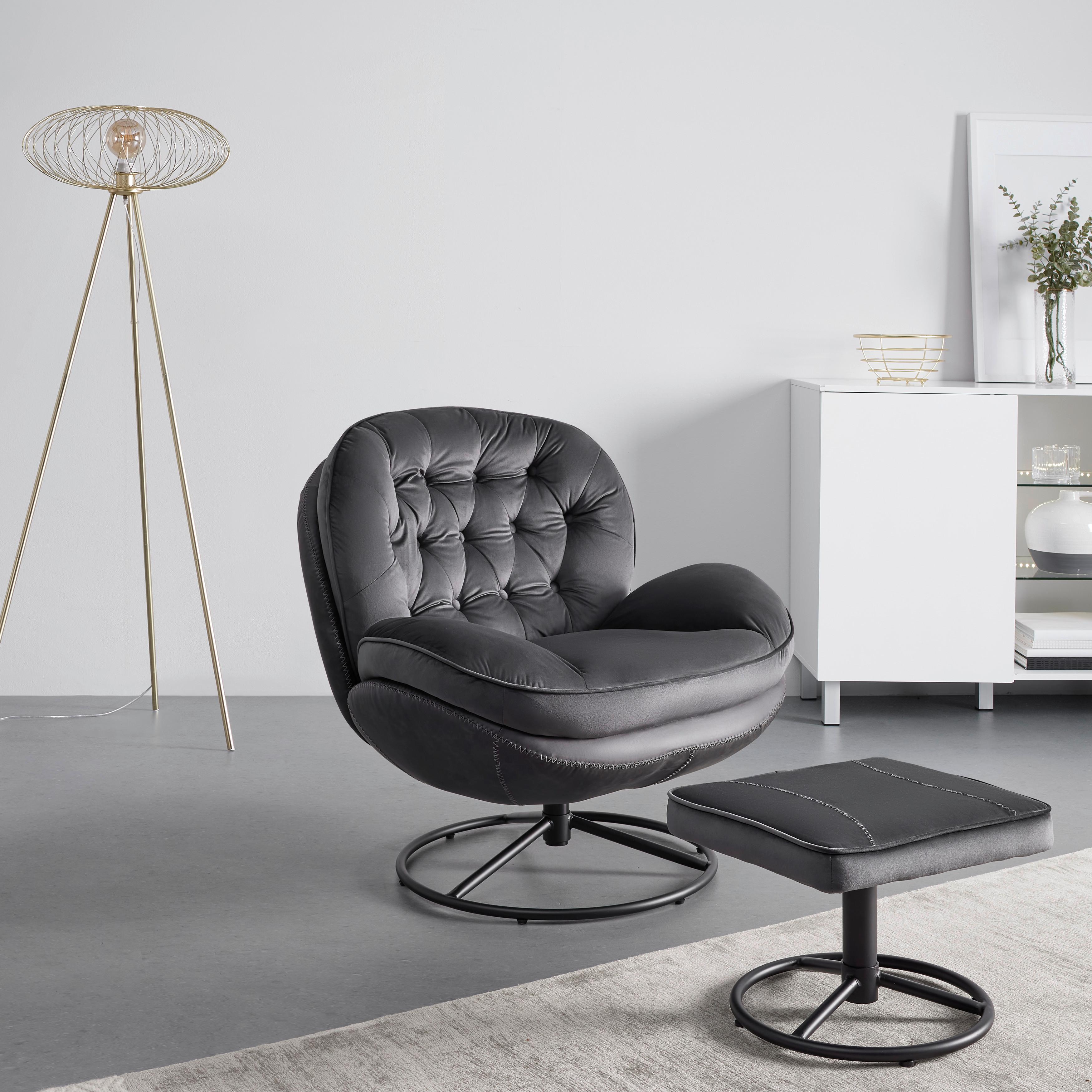 Kreslo S Taburetkou Essy Koženka/zamat Čierne - čierna/sivá, Moderný, kov/textil (82,5/84,5/85,5cm) - Bessagi Home