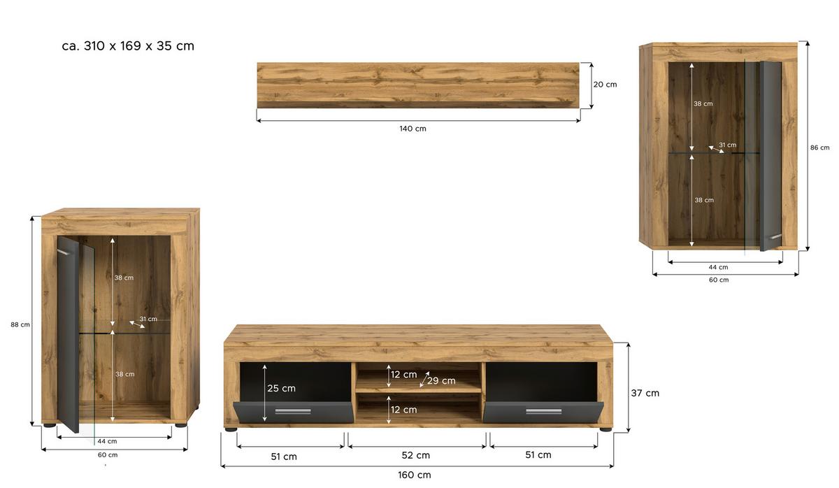 Wohnwand Jam Eiche Wotan Dekor B: 310cm - Eiche Wotan/Schwarz, Design, Glas/Holzwerkstoff (310/169/35cm) - MID.YOU