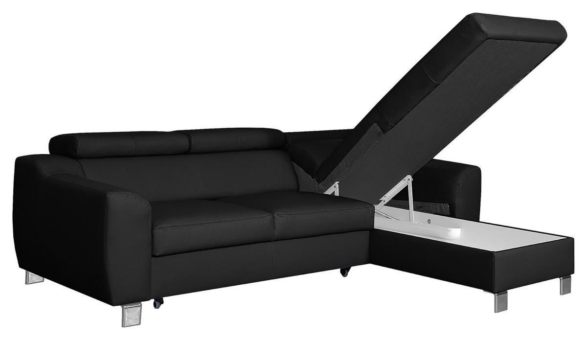 Ecksofa Aspen Mit Bettkasten Lederlook Schwarz 242x176 Cm - Chromfarben/Schwarz, Design, Leder/Textil (242/176cm) - Livetastic