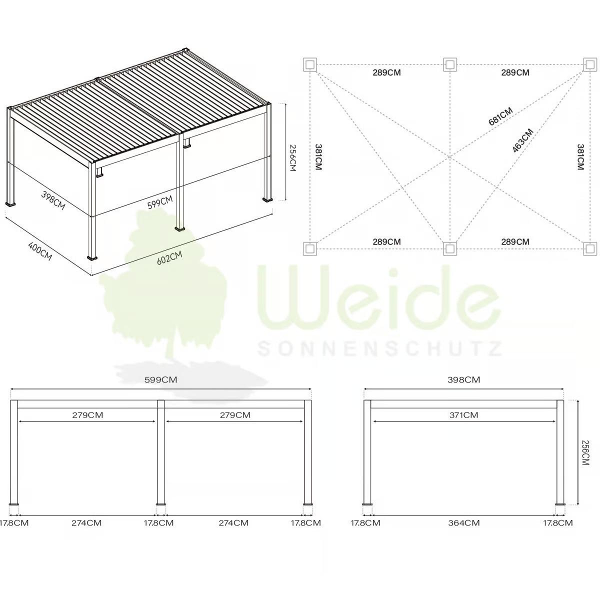 Pergola Deluxe Plus 600x400cm Sturmfest, Gartenpavillon - Anthrazit, Basics, Metall (600/255/400cm) - WEIDE