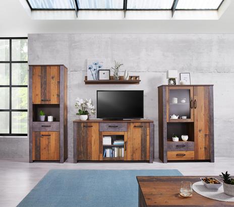 Einrichtung fürs Wohnzimmer in Holzdekor und Betonoptik Einrichtung fürs Wohnzimmer in Holzdekor und Betonoptik