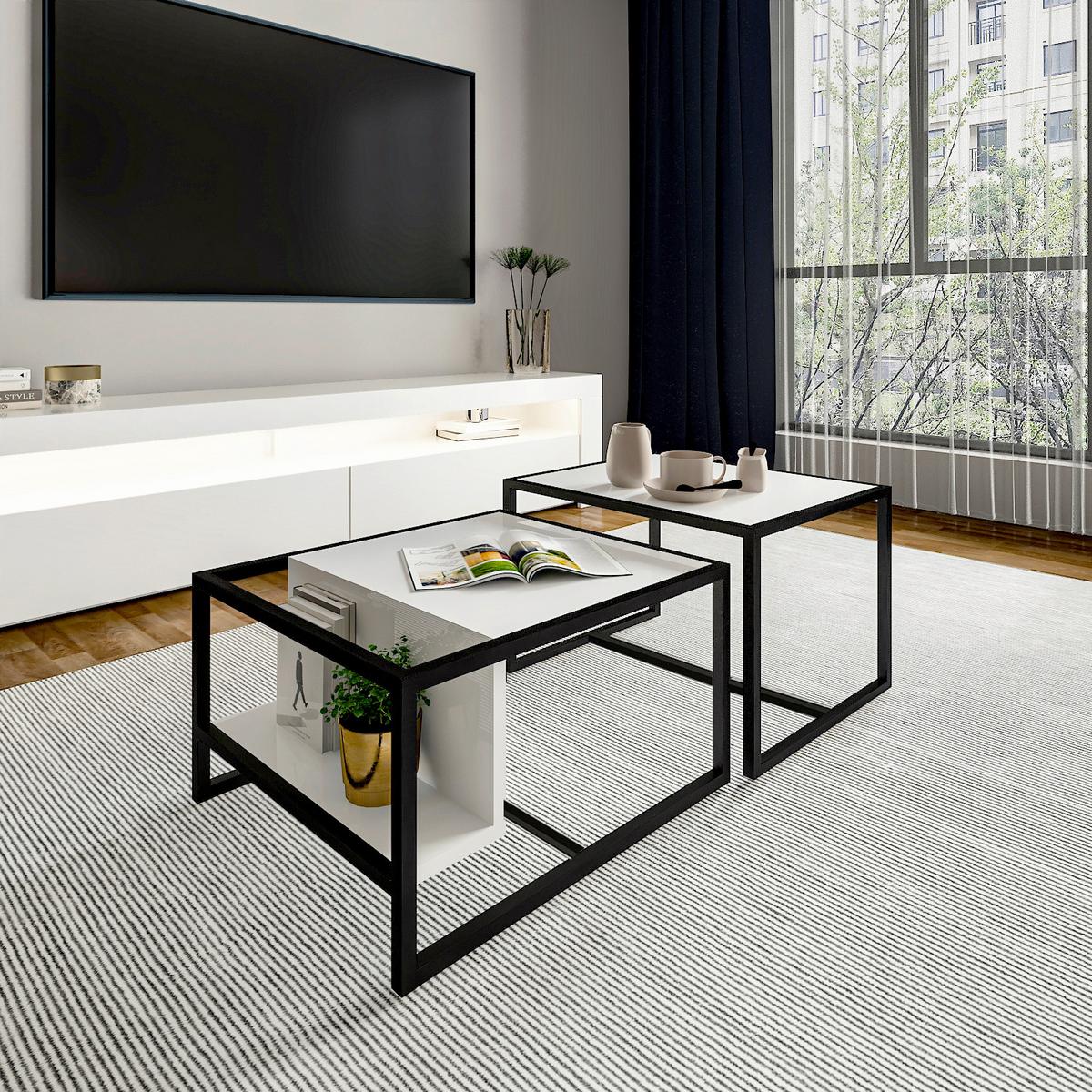 Couchtisch Bati Weiß B: 60-63 Cm - Schwarz/Weiß, Design, Holzwerkstoff/Metall (60-63/45-40/50-55cm) - Livetastic