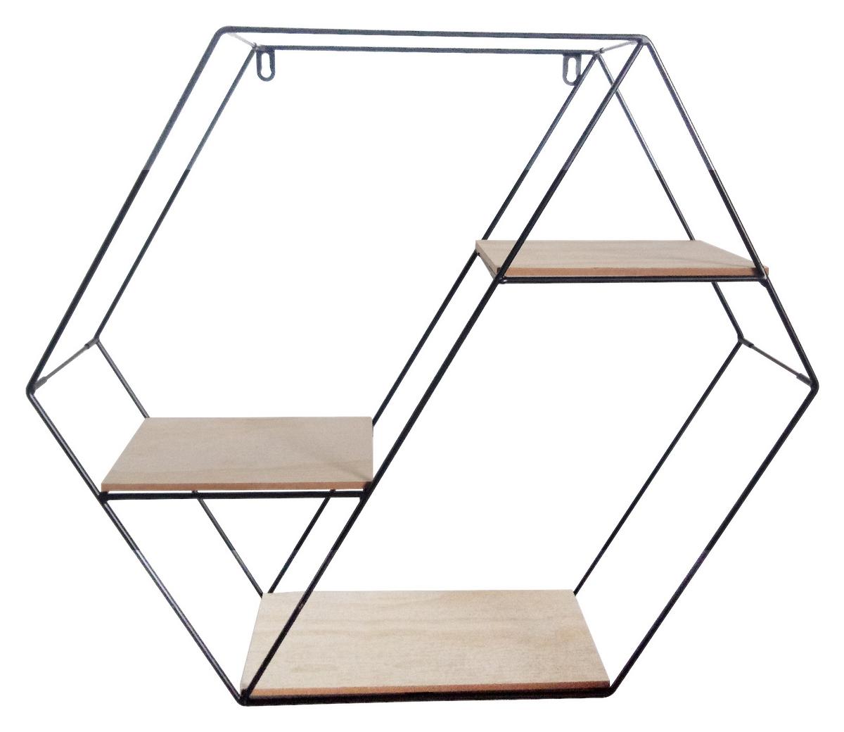 Wandregal Rom B: 58 cm Schwarz Metall/Holzdekor 3 Fächer - Schwarz/Pinienfarben, MODERN, Holzwerkstoff/Metall (58/51/15cm)