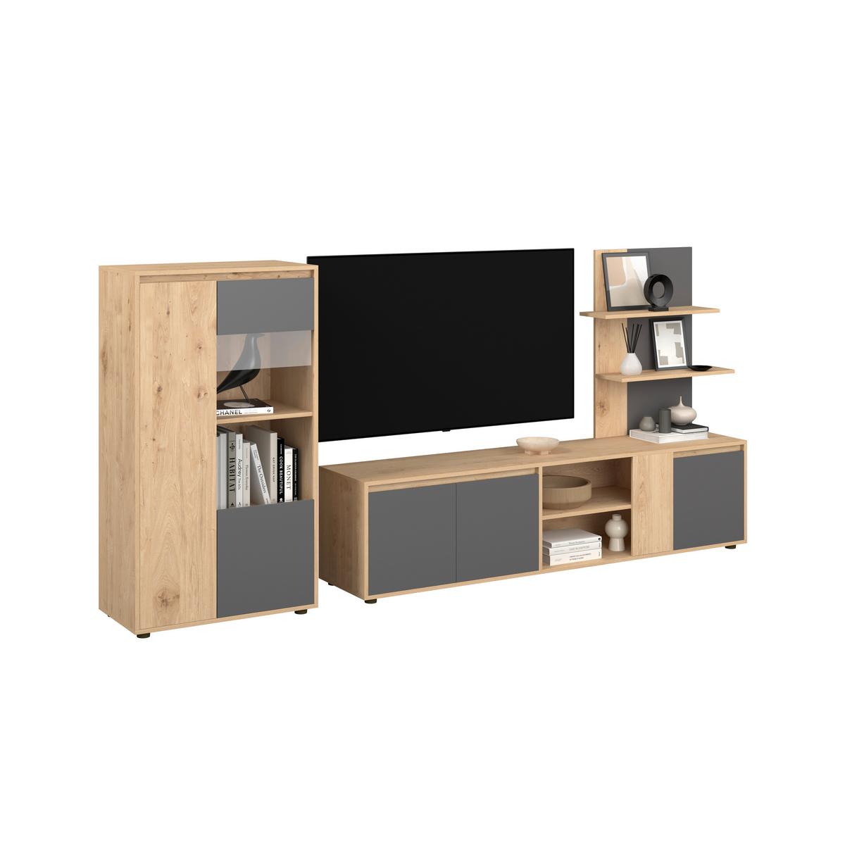 Wohnwand Anthrazit/Eichefarben B: 268cm - Anthrazit/Schwarz, MODERN, Glas/Holzwerkstoff (268/134/40,3cm)