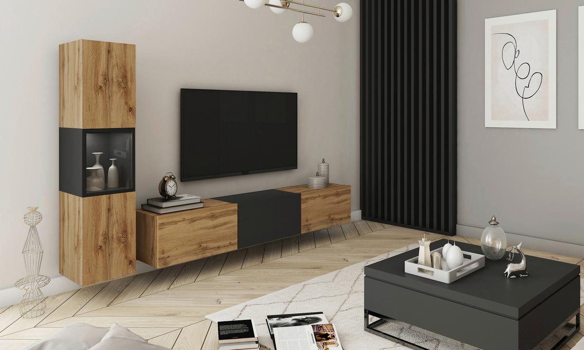 Wohnwand Berlin I Eiche Wotan/Schwarz B: 210 cm - Eiche Wotan/Schwarz, Design, Glas/Holzwerkstoff (210/130/32,5cm) - MID.YOU