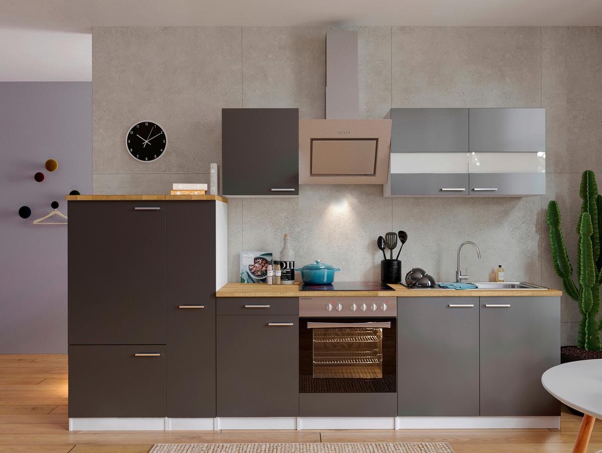 Küchenzeile Economy mit Geräten 300 cm Grau/Nussbaum Dekor - Nussbaumfarben/Weiß, Basics, Holzwerkstoff (300cm) - Respekta