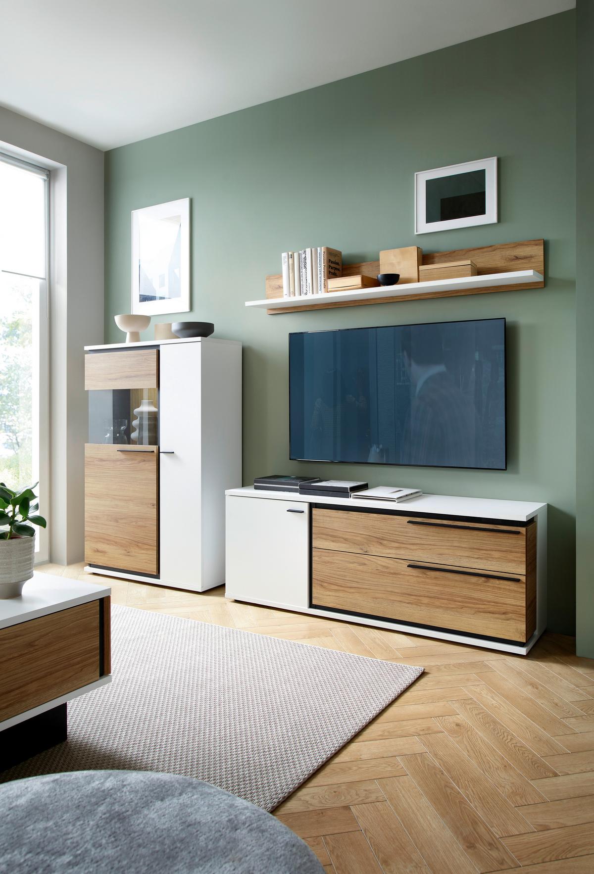 Vitrine Salinas Weiß Eichefarben/Glasfront Links - Eichefarben/Schwarz, Trend, Glas/Holzwerkstoff (93/139,8/37cm)