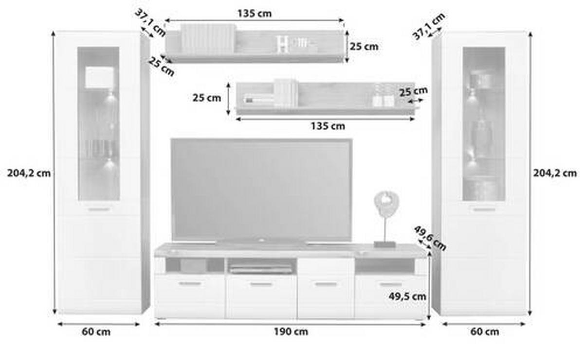 Wohnkombination 5-Tlg. Auris, Weiß/Eiche Dekor - Weiß, MODERN, Glas/Holzwerkstoff (310/204,2/49,6cm) - Luca Bessoni