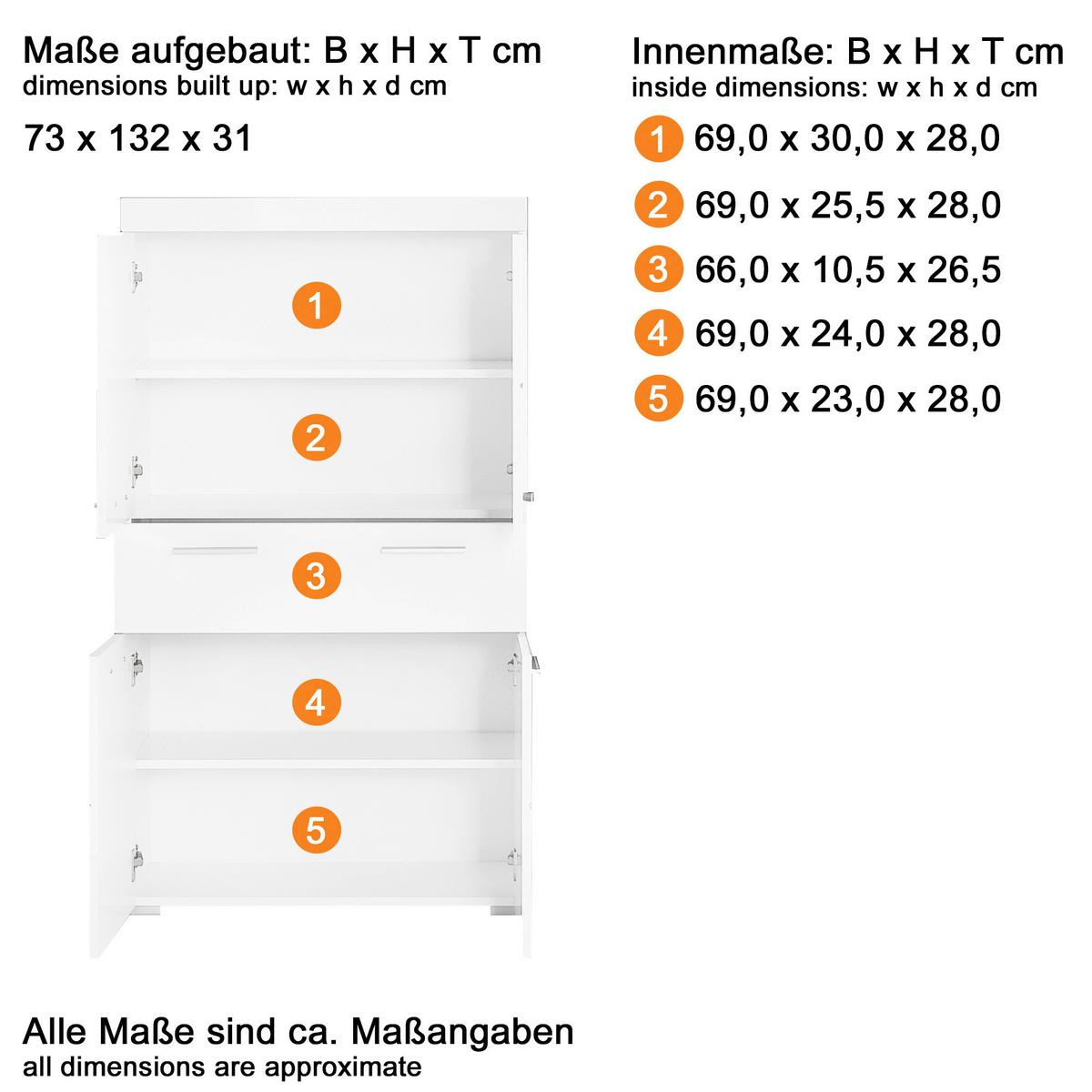 Midischrank Amanda B: 73 cm Weiß - Silberfarben/Weiß, MODERN, Holzwerkstoff (73/130/31cm) - MID.YOU