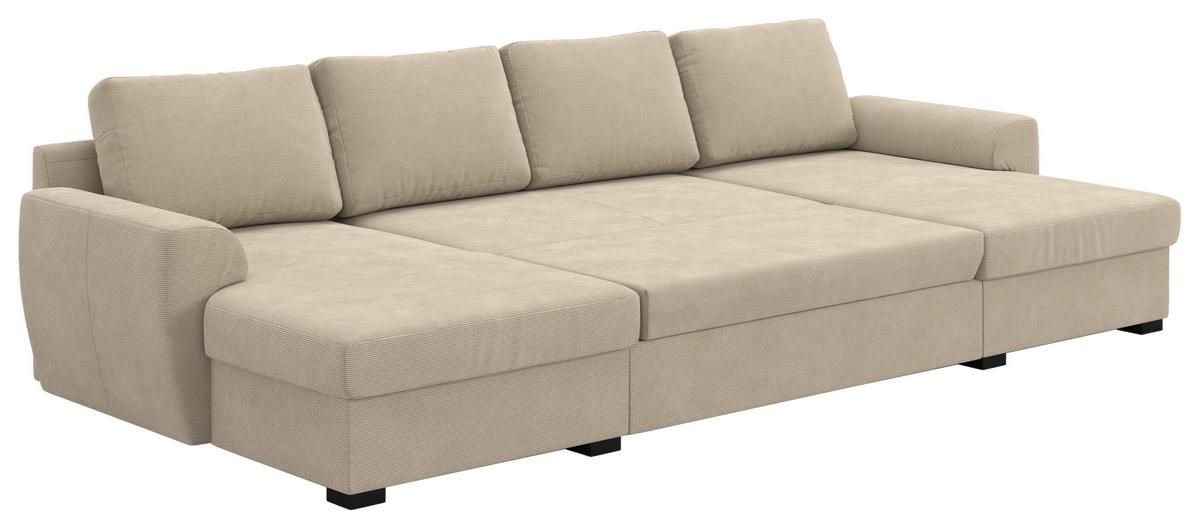 Wohnlandschaft m. Bettfunktion Cord braun, B:327cm - Schwarz/Braun, Trend, Textil (154/327/86cm) - MID.YOU