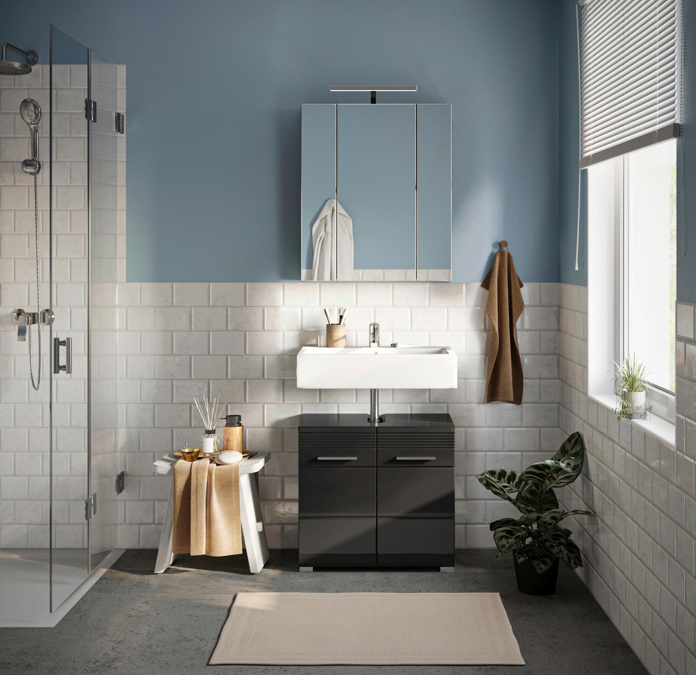 Badezimmer Linus Schwarz Hochglanz B:60cm - Schwarz Hochglanz/Silberfarben, MODERN, Glas/Holzwerkstoff (60cm) - MID.YOU