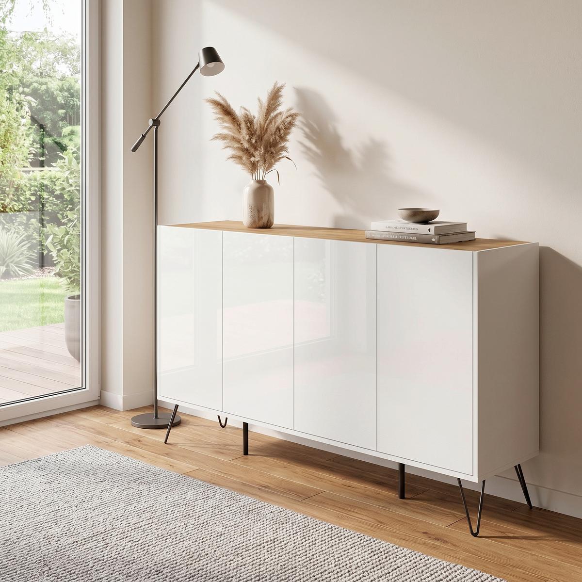 Sideboard Posseik Industrial Weiß/Eichefarben B: 155 cm - Weiß Hochglanz/Eichefarben, Design, Holzwerkstoff (155/93,6/42cm) - MID.YOU