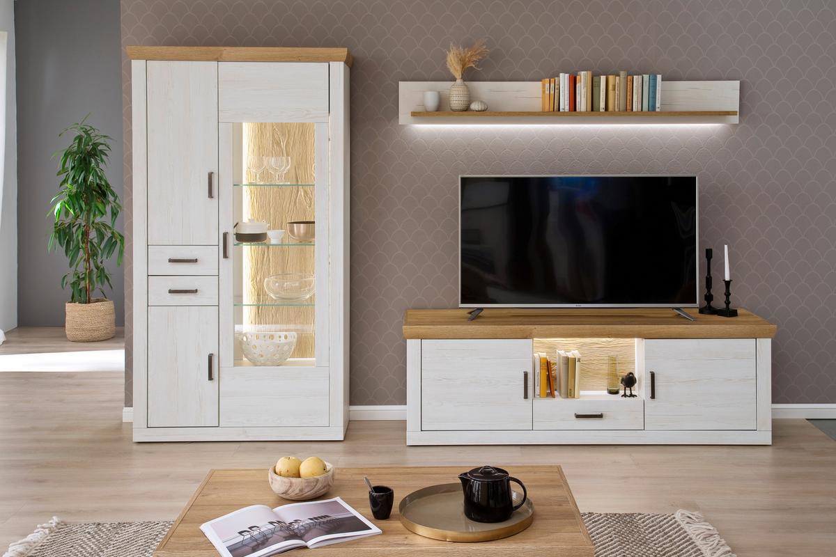Wohnkombination 3-Tlg. Madrid Eiche-/Pinienfarben - Eichefarben/Schwarz, Design, Glas/Holzwerkstoff (297/205/50cm) - MID.YOU