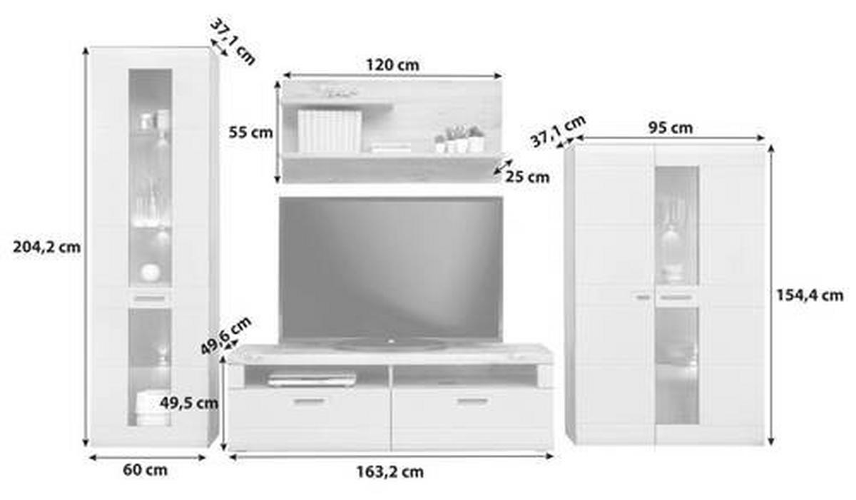 Wohnkombination 4-Tlg. Auris, Weiß/Eiche Dekor - Eichefarben/Weiß, MODERN, Glas/Holzwerkstoff (318,2/204,2/49,6cm) - Luca Bessoni