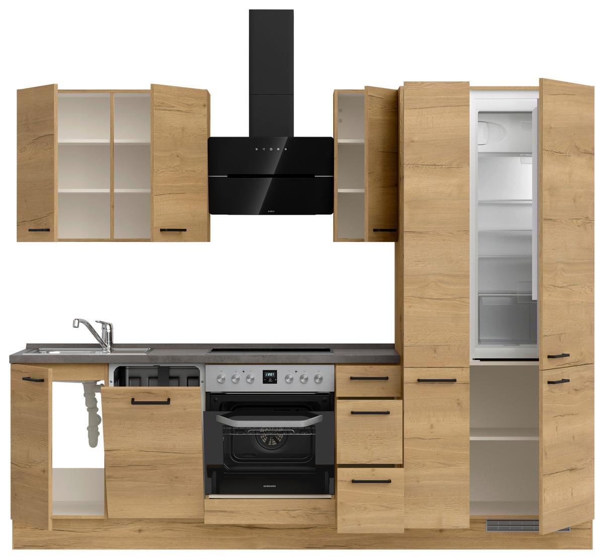 Kuchynská linka 270 cm, dub Sierra - čierna/farba duba, Modern, kov/kompozitné drevo (270cm) - Nobilia