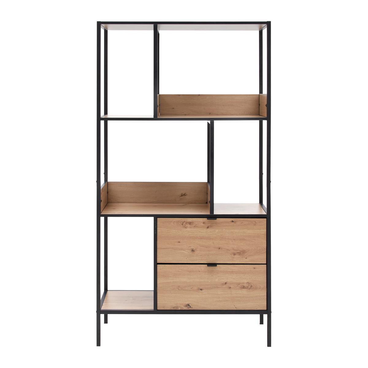 Regál QUEENS - čierna/prírodná farba, Modern, kov/kompozitné drevo (90/170/40cm) - Mömax