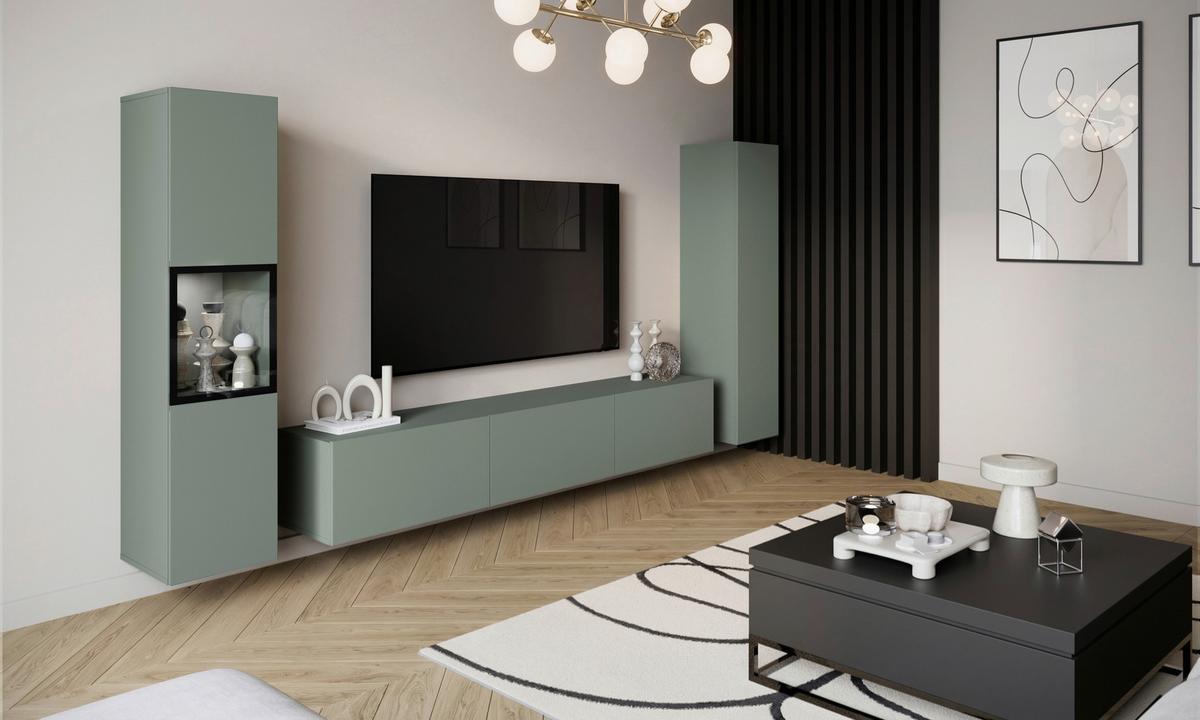 Wohnwand mit LED Berlin III Salbeigrün - Salbeigrün/Grau, Design, Glas/Holzwerkstoff (240/130/31cm) - P & B
