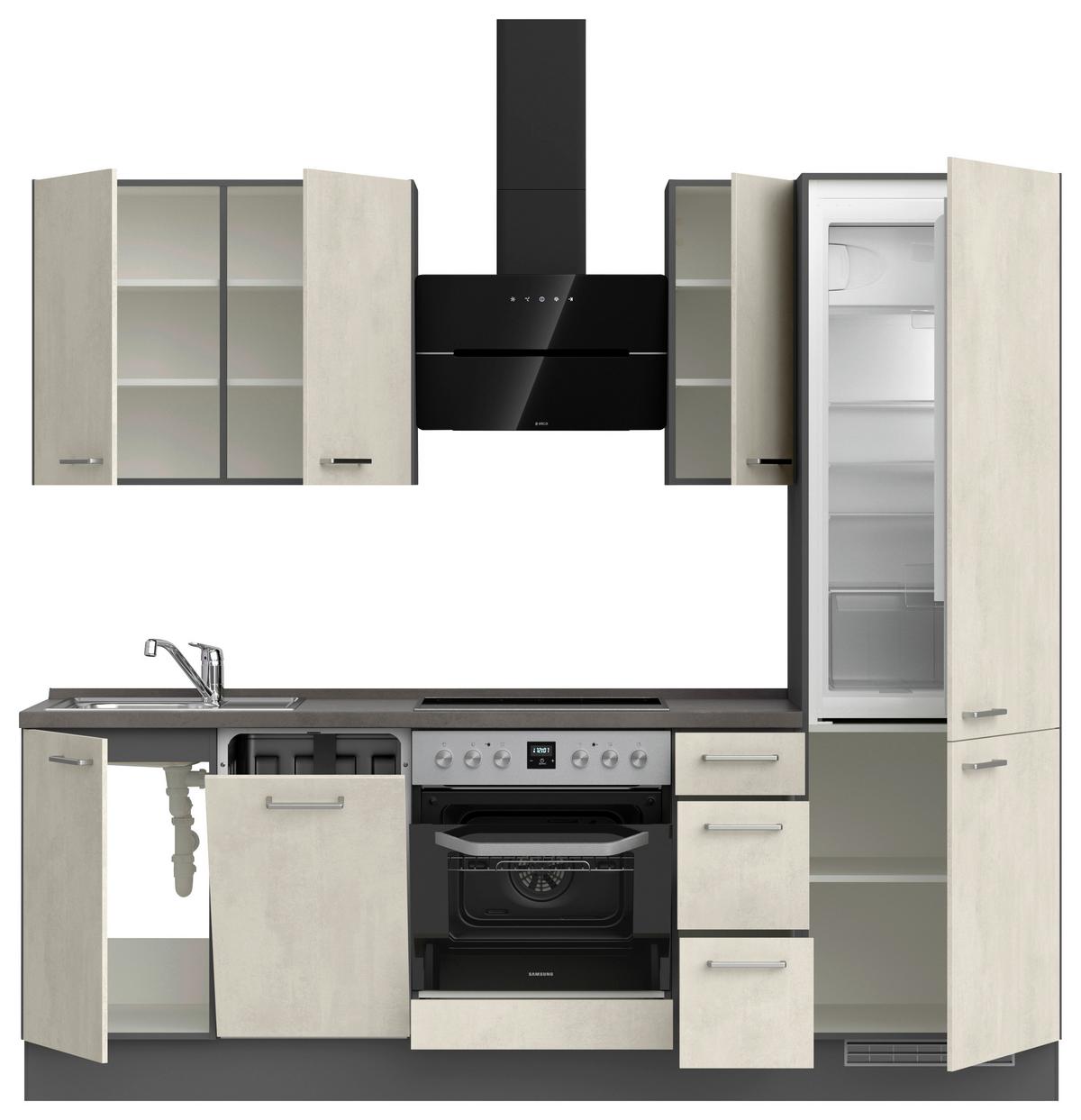 Kuchynská linka 240CM biely betón/ bridlicová šedá - biela/farba ušľachtilej ocele, Modern, kov/kompozitné drevo (240cm) - Nobilia