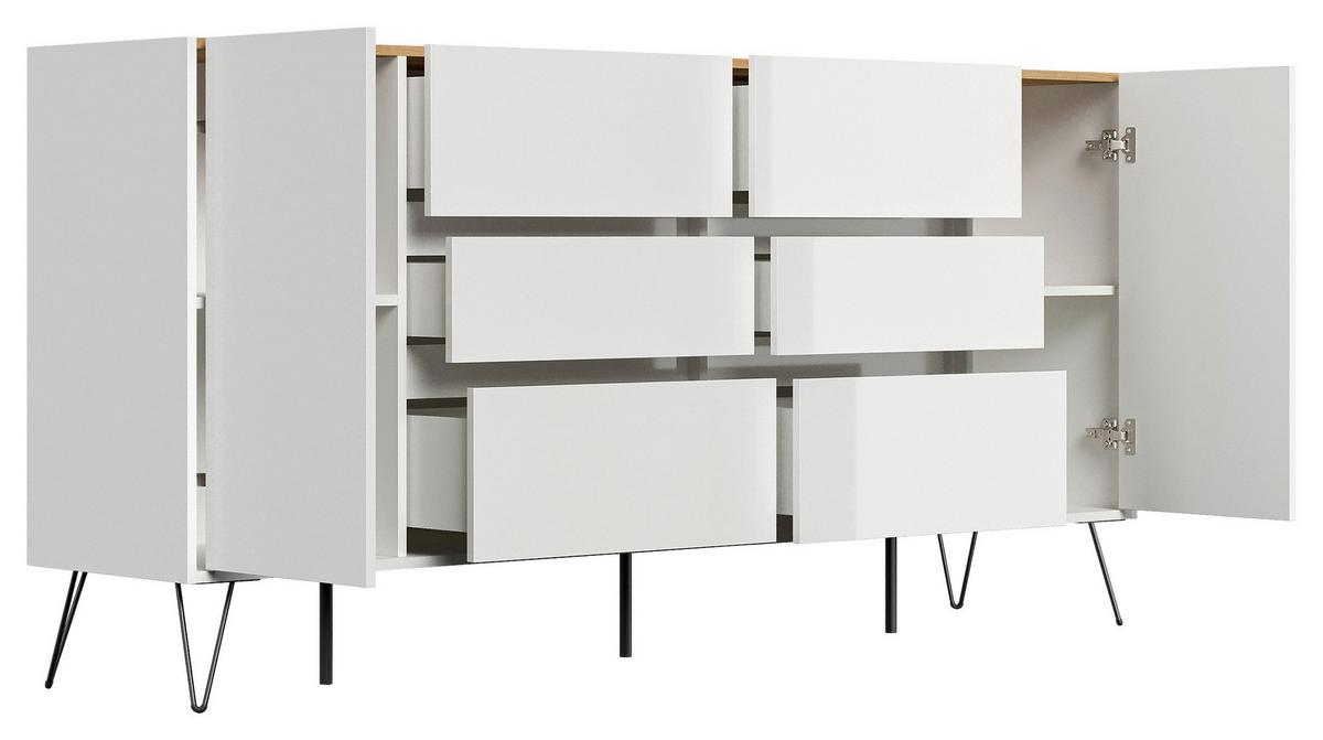 Sideboard Posseik Industrial Weiß/Eichefarben B: 199 cm - Weiß Hochglanz/Eichefarben, Design, Holzwerkstoff (199/93,6/42cm) - P & B