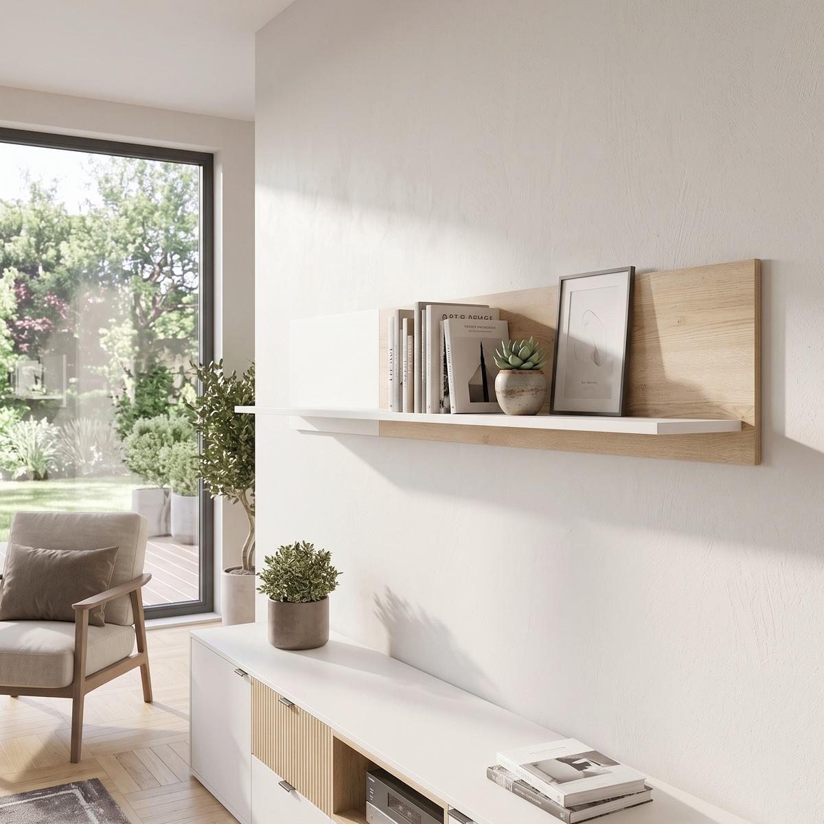 Wandregal Samm Eichefarben, Beige B: 153,6 cm - Eichefarben/Beige, Trend, Holzwerkstoff (153,6/30/22cm)