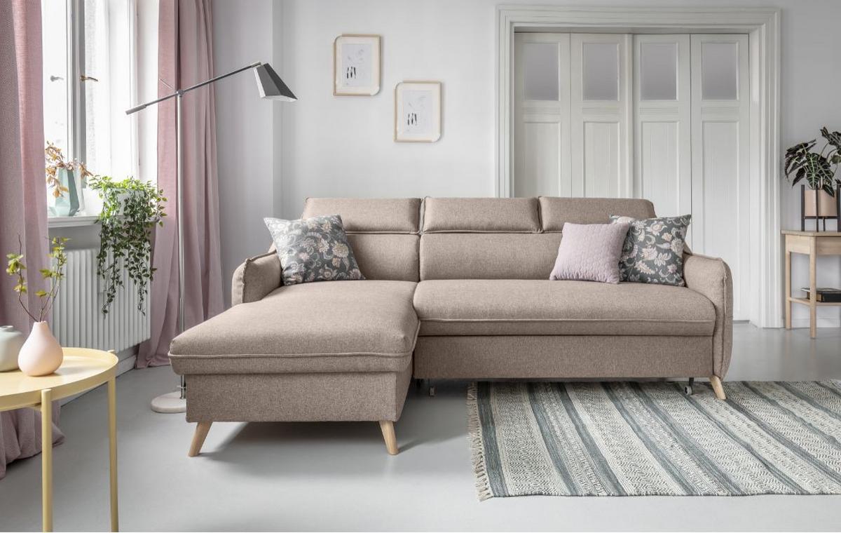 Rozkládací sedačka SIMONE, levé provedení - přírodní barvy/béžová, Moderní, dřevo/textil (228/82/95/162cm)