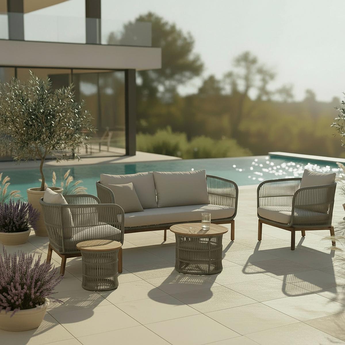 TERASOVÁ SEDACÍ SOUPRAVA MALENE - krémová/přírodní barvy, Moderní, kov/dřevo (168/70,5/80cm) - Bessagi Garden